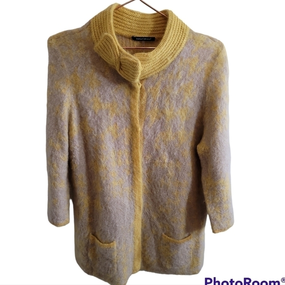 Luisa Cerano Mohair Blend Cardigan 14 Fuzzy Snap Button Bow Neck Tan Yellow - Picture 1 of 10